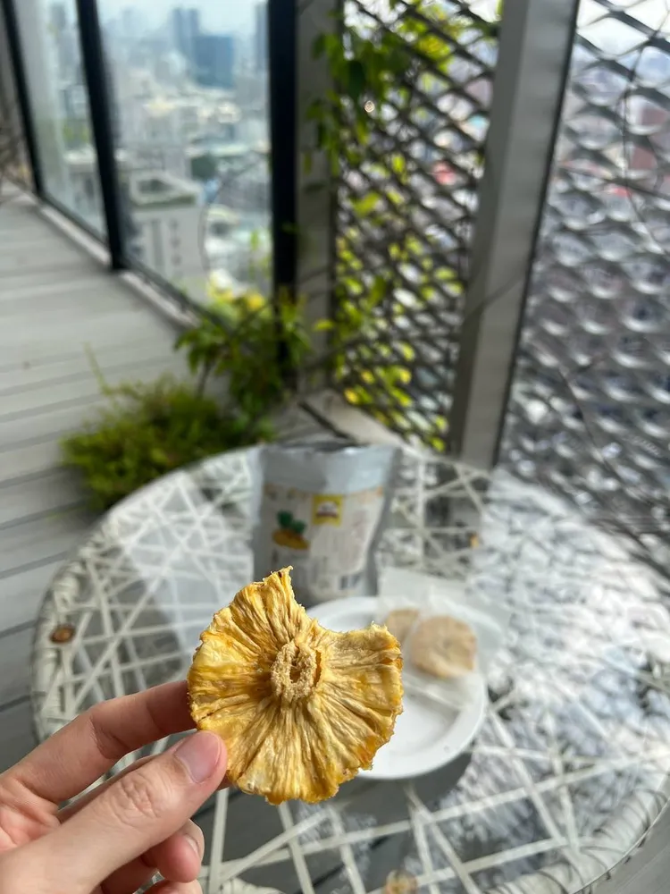 手拿一片圓片鳳梨乾，可看到鳳梨心與纖維